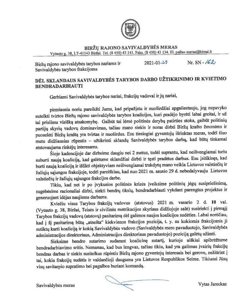 Biržų rajono mero Vyto Jarecko raštas